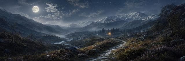 Snow-capped mountains with a winding path, river, and a distant glowing campfire.