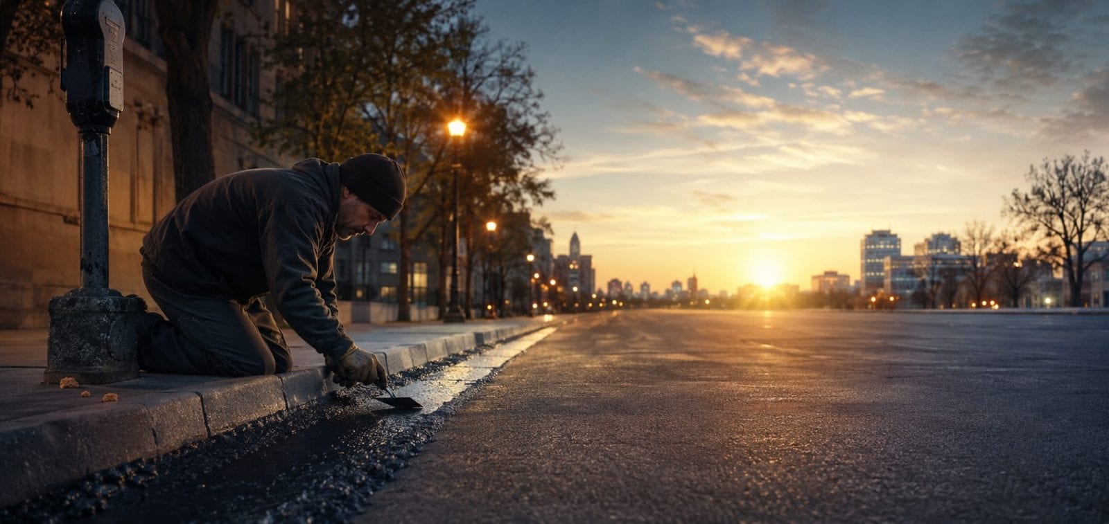 A worker repairs a city street curb with buildings and trees in the background.