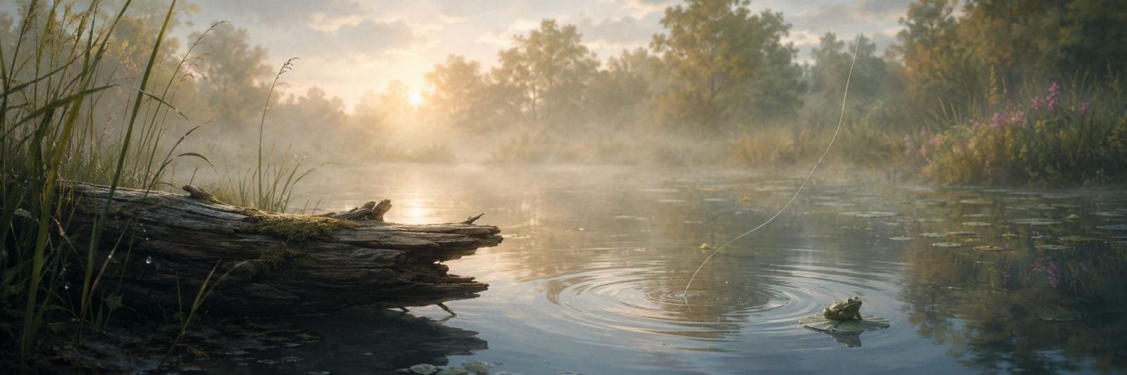 A frog sits on a log by a calm pond at sunrise, with mist, trees, and gentle ripples reflecting the tranquil scene.