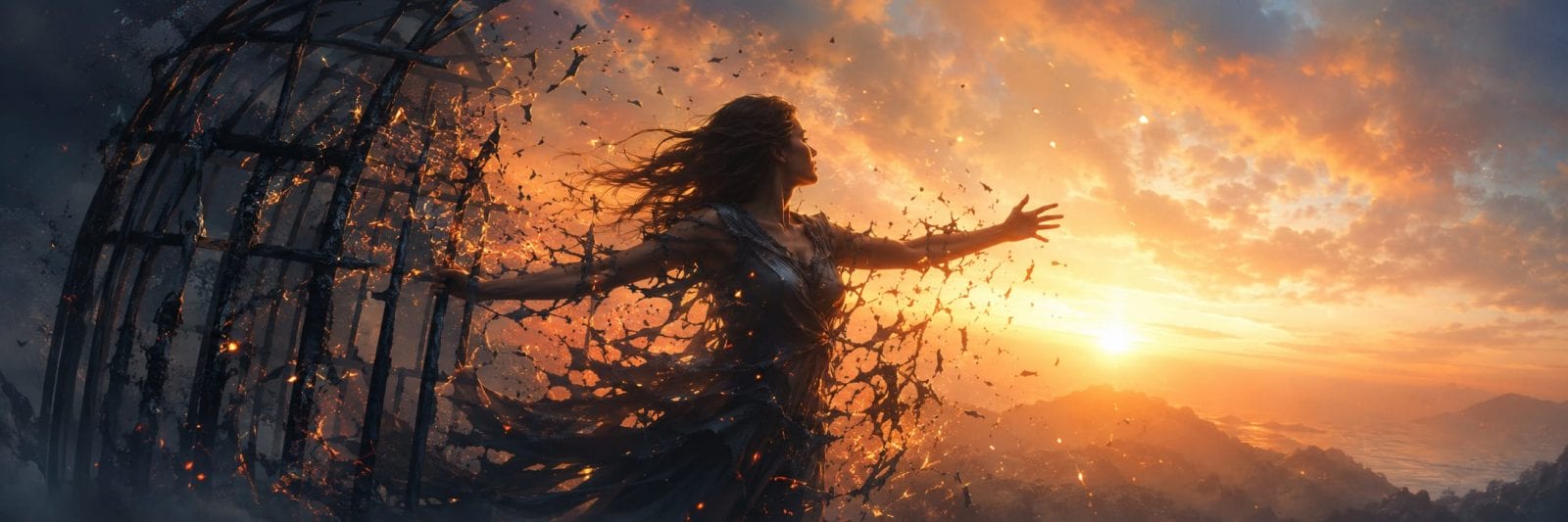 A woman escapes a crumbling cage at sunrise, leaving chaos behind under dramatic skies with distant mountains in view.