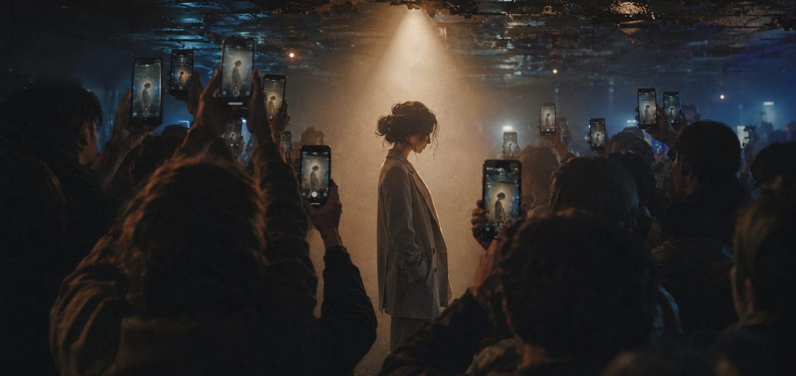 A person stands confidently as a crowd gathers around, taking photos with their phones.