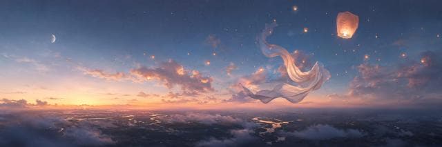 A glowing lantern floats in a dreamy sunset sky, its reflection visible on clouds and rivers below.