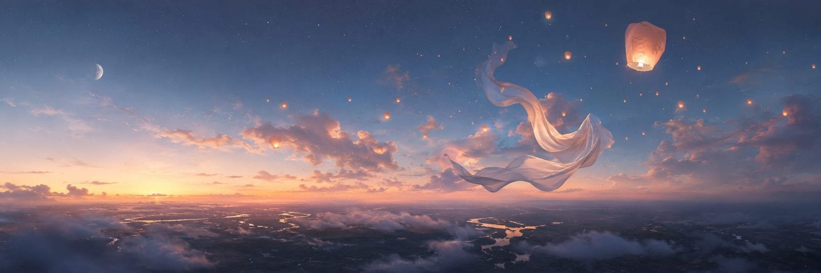 A glowing lantern floats in a dreamy sunset sky, its reflection visible on clouds and rivers below.