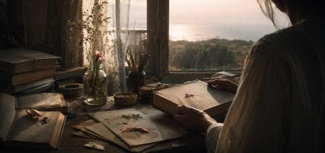 A person at a wooden desk, surrounded by books and dried flowers, looks out at a sunlit landscape with a strong, spirited expression.