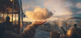 A person reaches toward a floating cloud beside a bus, with a teapot and cup nearby at sunset, creating a surreal scene.