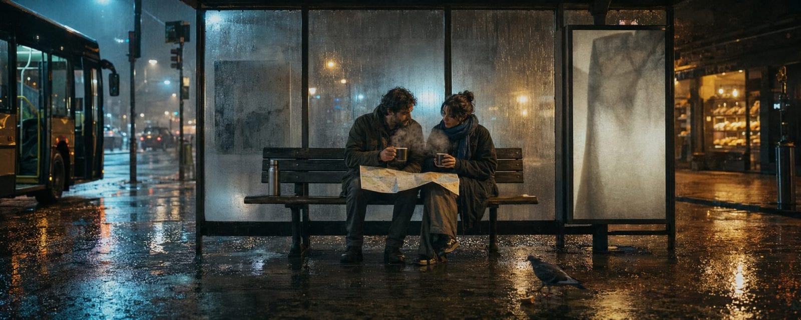 Two people sit at a rainy night bus stop, sharing mugs and reflecting as city lights and a passing bus glow in the background.