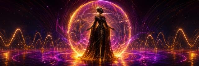 A figure in a glowing gown stands in a circle of surreal light, with radiant energy swirling musically around them.