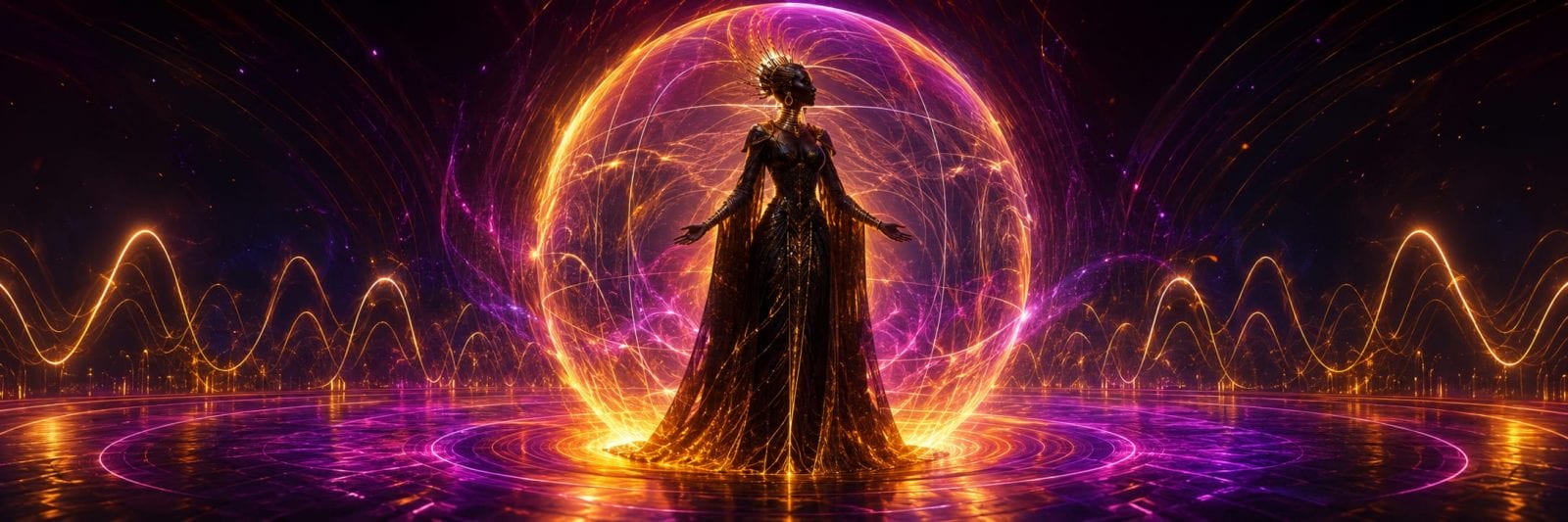 A figure in a glowing gown stands in a circle of surreal light, with radiant energy swirling musically around them.