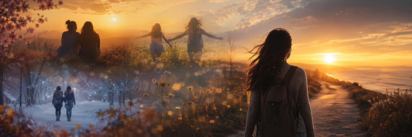 A woman walks toward a sunset on a coastal path as friends gather in spring, summer, and winter landscapes.