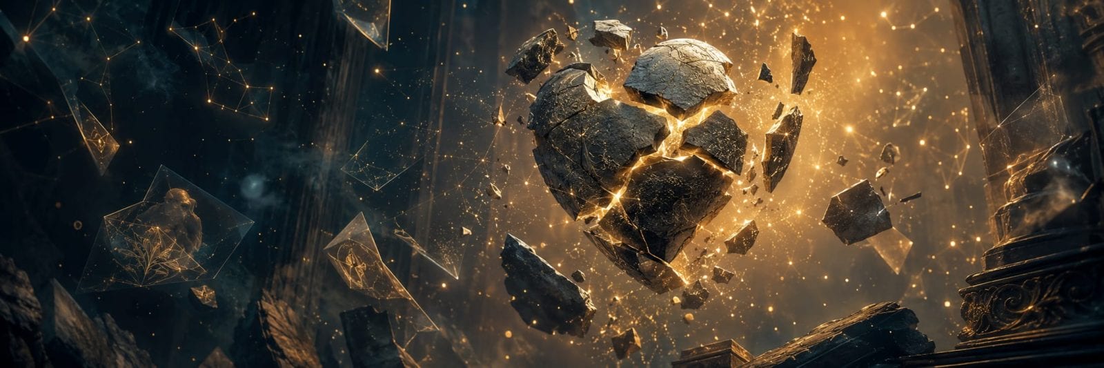 A glowing stone heart breaks apart midair, surrounded by swirling chaos and golden light in an ornate setting.