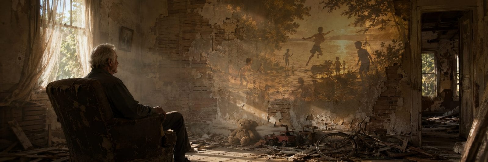 An older person sits in a decaying room, reflecting on childhood as chaos looms beyond a cracked wall.