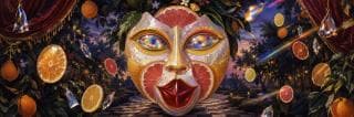 A surreal citrus mask floats in a garden with oranges, crystals, and a checkerboard path beneath.