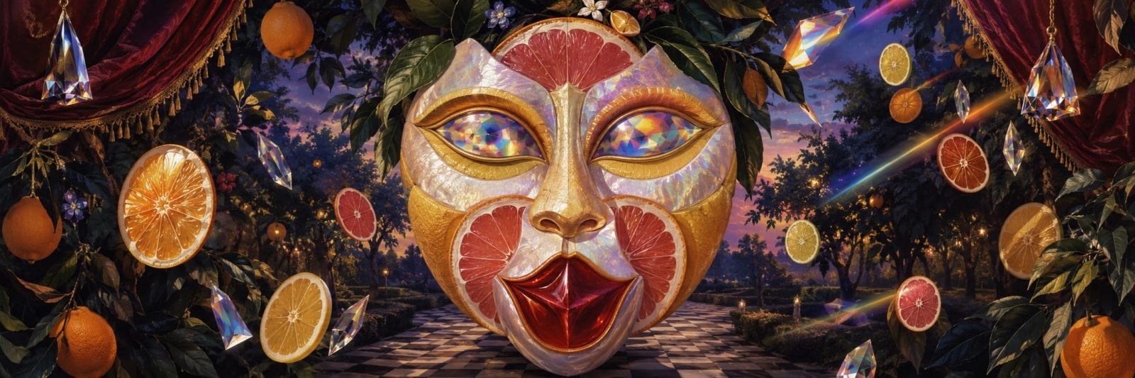 A surreal citrus mask floats in a garden with oranges, crystals, and a checkerboard path beneath.