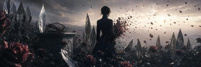 A woman in a dark dress stands among roses and crystals, holding surreal flowers that become petals at sunset.