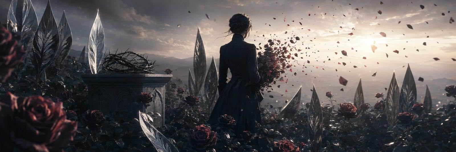 A woman in a dark dress stands among roses and crystals, holding surreal flowers that become petals at sunset.