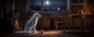 A glowing ghost dog sits by a steaming mug in an old kitchen as a train passes under the full moon outside.