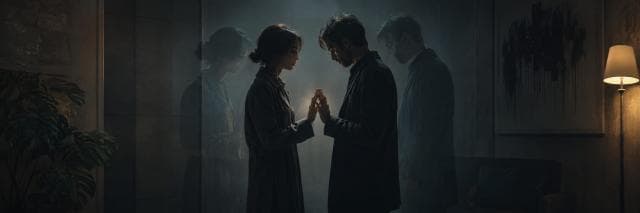Two people stand face-to-face in a dim room, touching hands as their ghostly reflections suggest strength and spirit.