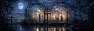 Two people stand inside a glass greenhouse at night, surrounded by warm lights and soft reflections from the outside.