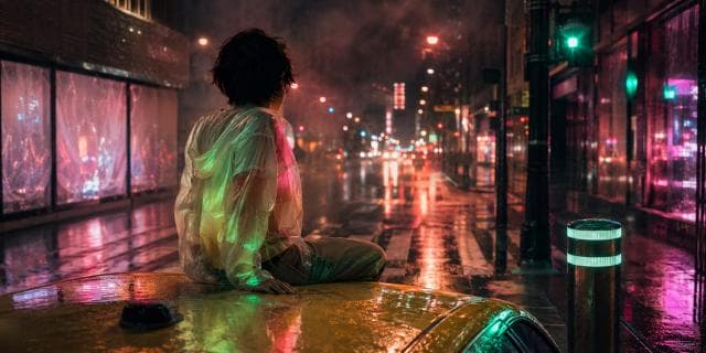 A person in a raincoat stands on a car roof at night, looking out over neon-lit streets and blurred reflections.