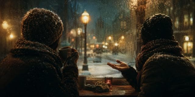Two people in winter clothes sit by a cafe window at night, looking out at a snowy, lamp-lit street.