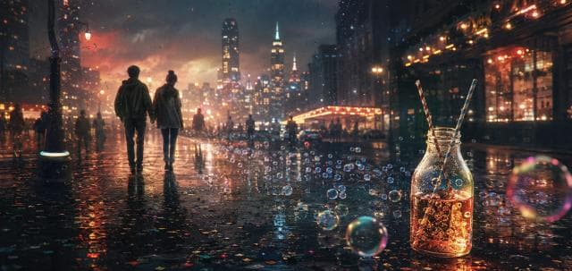 Two people walking on a wet city street at night, carrying a glowing jar with straws and bubbles.