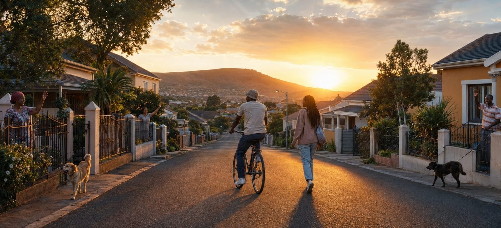 A man rides a bike as a woman walks beside him on a leafy street at sunset, surrounded by nature in a peaceful evening scene.