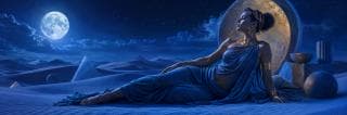 A woman in blue reclines on sand under a full moon, surrounded by pyramids and surreal ancient objects.