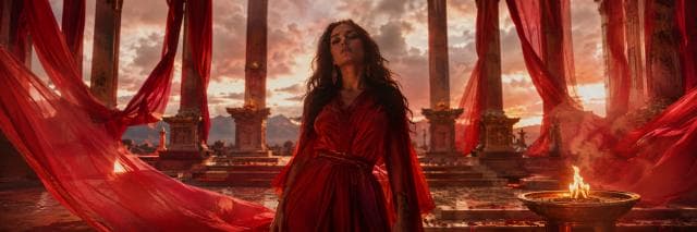 A woman in a red dress stands between red-draped columns at sunset, facing a fire bowl.