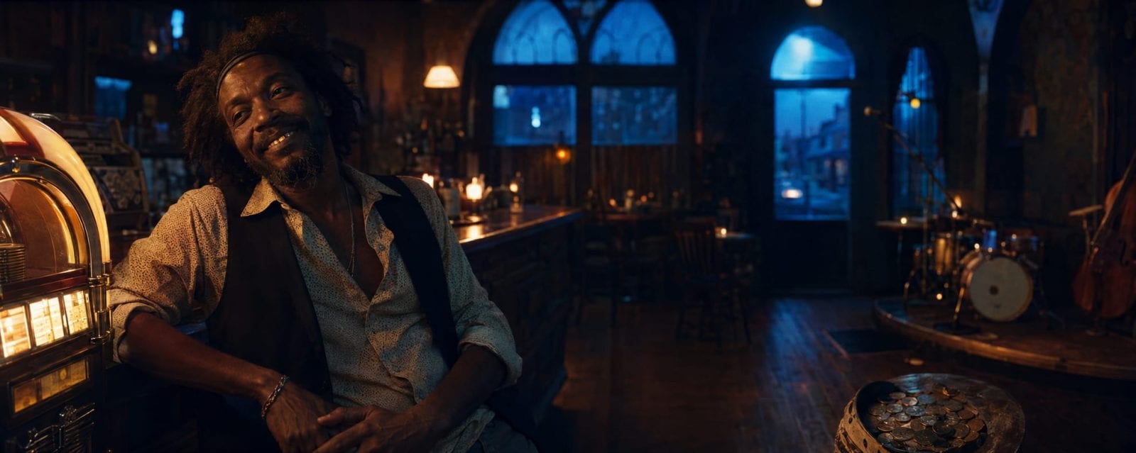 A man smiles at a bar beside a jukebox in a surreal room filled with unusual instruments and tables.