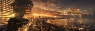 A woman's silhouette merges with a city skyline at sunset, with golden streaks and reflections shimmering on calm water.