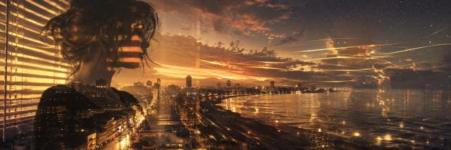 A woman's silhouette merges with a city skyline at sunset, with golden streaks and reflections shimmering on calm water.
