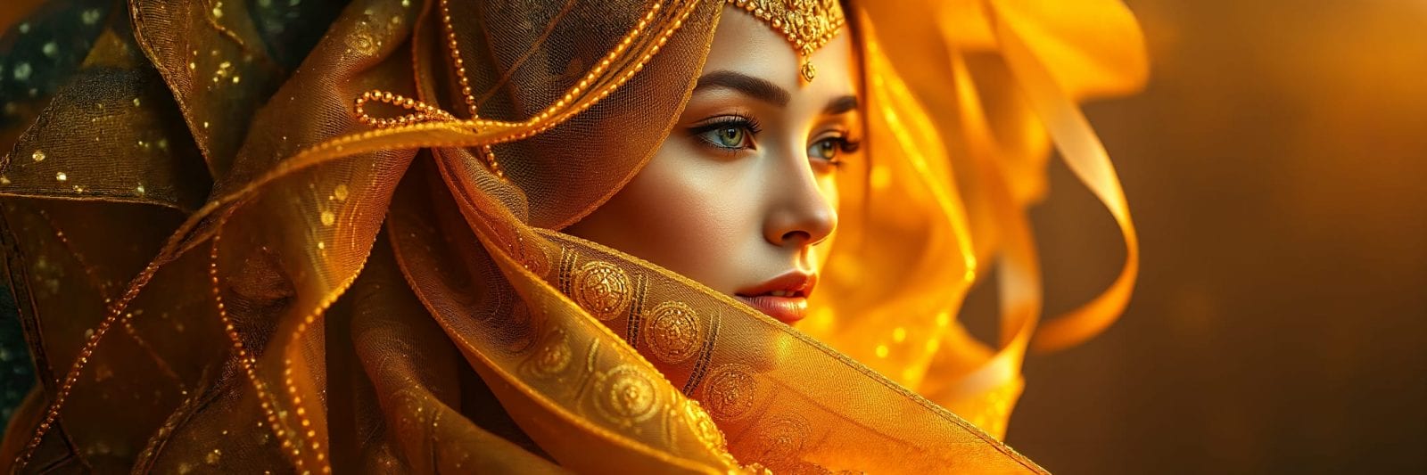 Woman wearing an ornate gold veil adorned with jewels, looking to the right with a focused, surreal expression.