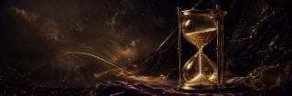 Ornate hourglass with golden sand rests on deep purple fabric, surrounded by swirling golden light.