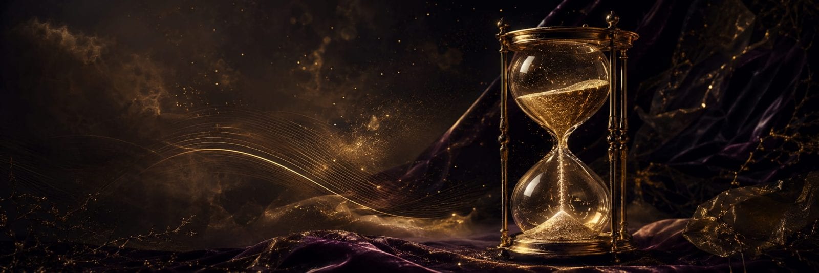 Ornate hourglass with golden sand rests on deep purple fabric, surrounded by swirling golden light.