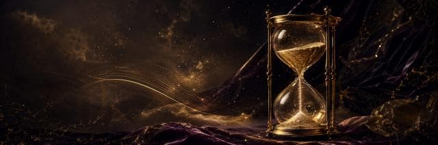 Ornate hourglass with golden sand rests on deep purple fabric, surrounded by swirling golden light.