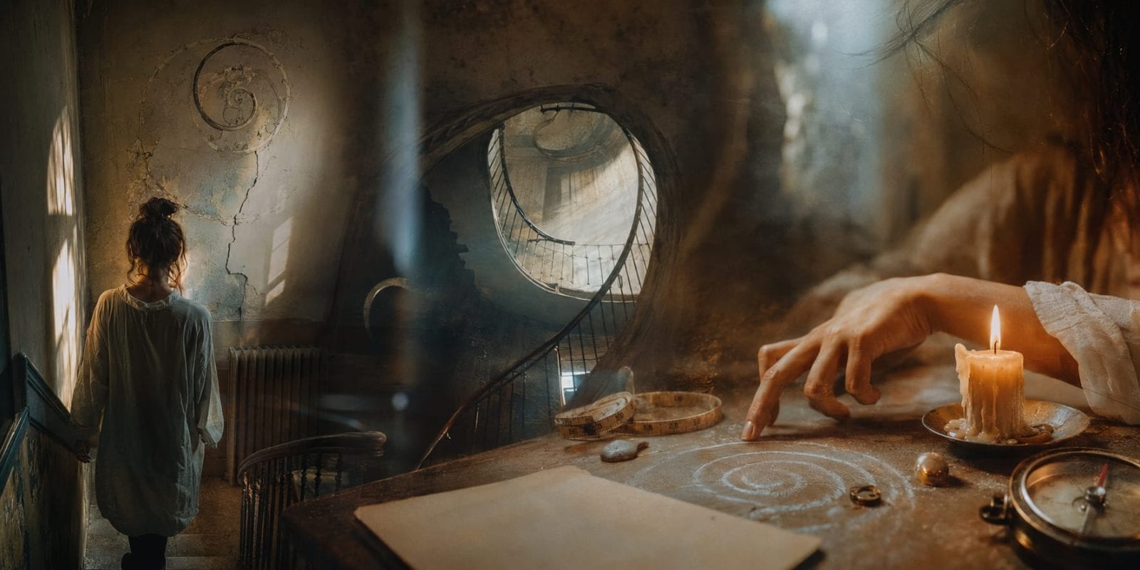 A person draws a spiral in dust surrounded by candles, stones, papers, and a shadowy staircase.