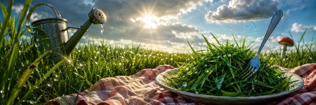 A fork and plate of grass under a raining cloud, playfully challenging traditional picnic expectations.