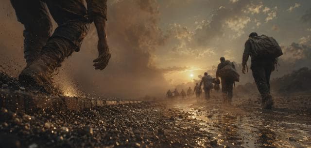 A group of people with backpacks walk a muddy path at sunset beneath a dramatic cloudy sky.