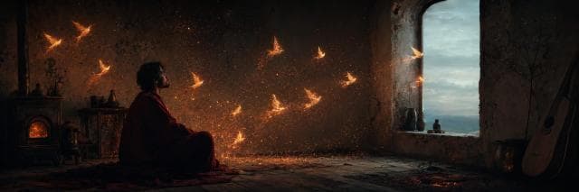 A person sits on a wooden floor, reflecting, while fantastical birds soar toward the cloudy sky outside.