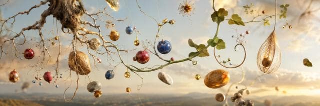 Twisting roots and vines wind through floating stones, with orbs and seed pods set before a blurred sky and landscape.