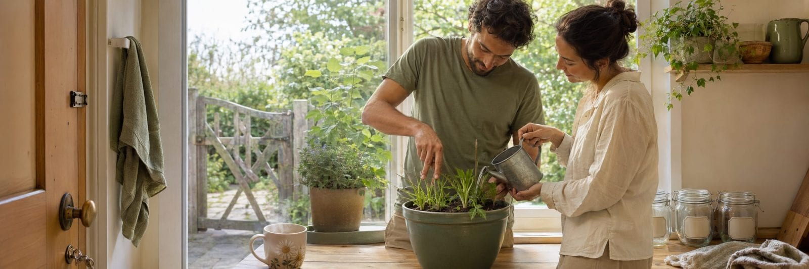 Two people care for a potted plant on a wooden table by the window, with gardening tools and jars nearby.