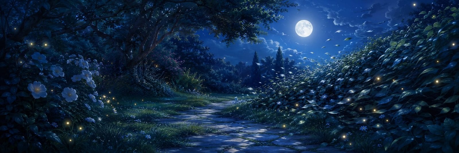 A stone path winds through a moonlit garden filled with flowers, trees, and fireflies beneath a bright full moon in a clear night sky.