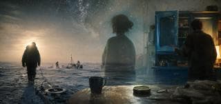 A person walks in snowy nature; a woman stands in a kitchen. Reflections blend scenes with a mug and reel canister on the table.