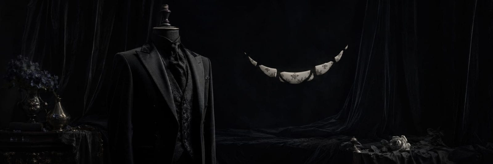 A black suit on a mannequin at left; a surreal necklace floats center, surrounded by flowers.