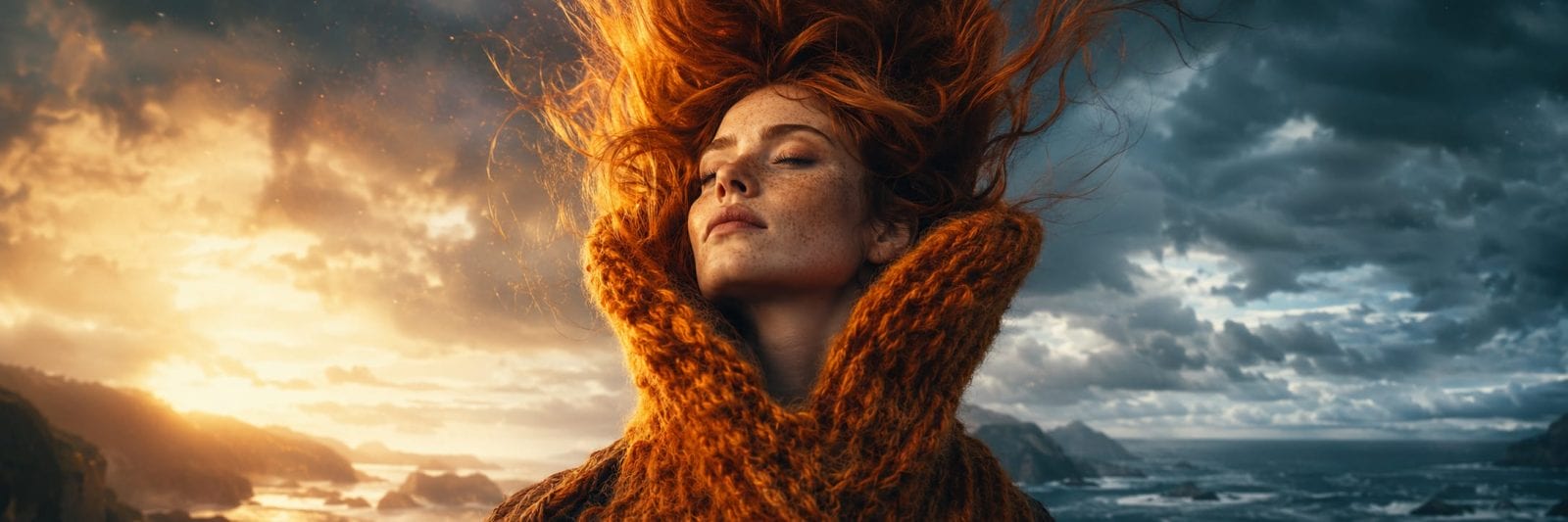 Red-haired woman in orange scarf stands outdoors with eyes closed, ocean and swirling clouds in the background.