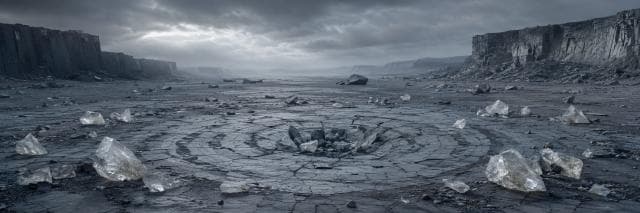 A cracked, barren landscape with crystal shards encircling a crater, set against cliffs and cloudy skies.