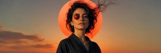 A woman with messy hair stands outdoors at sunset, wearing a swirling robe and a circular red lens that creates a surreal reflection.