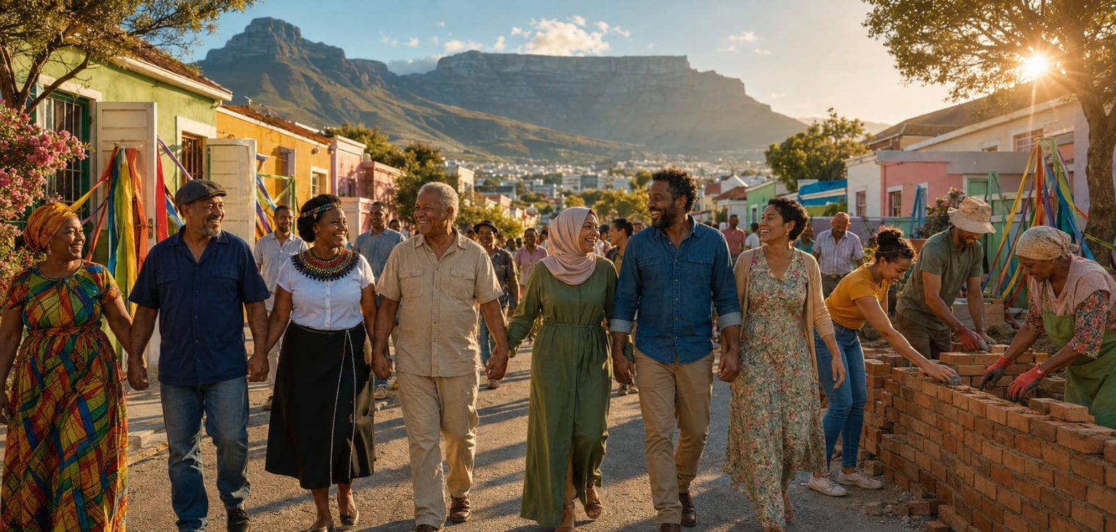 A diverse group walks hand in hand down a colorful street with a mountain and sunny sky in the background.