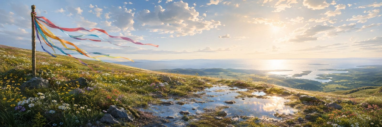 Colorful ribbons on a stick, symbolizing strength and spirit, shimmer by a puddle on a wildflower hill under a glowing sky.