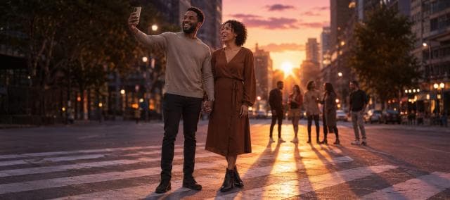 A couple holding hands takes a selfie on a city street as bystanders watch, highlighting themes of satire and subversion.
